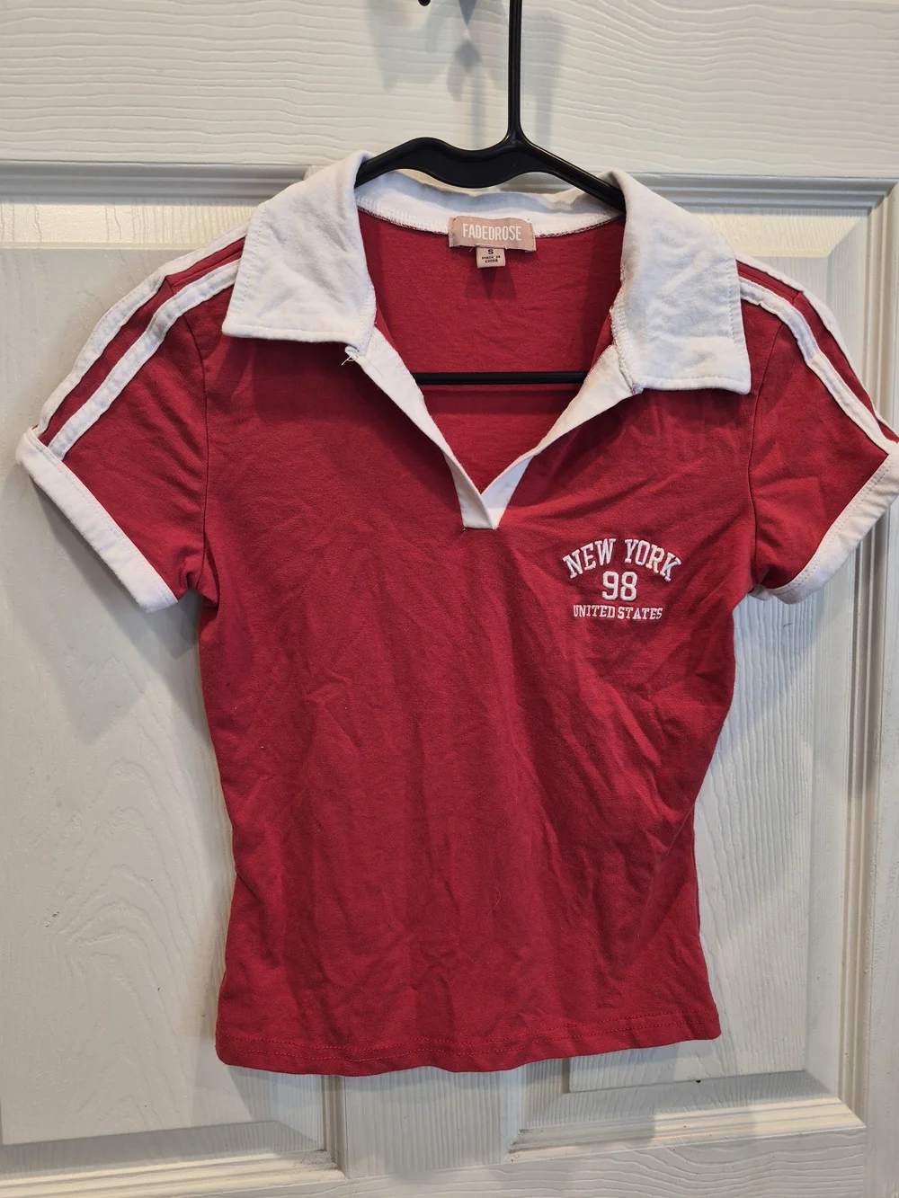 5/25 Fade+Rose Women's New York 98 Short Sleeve Polo Tee - Red/White